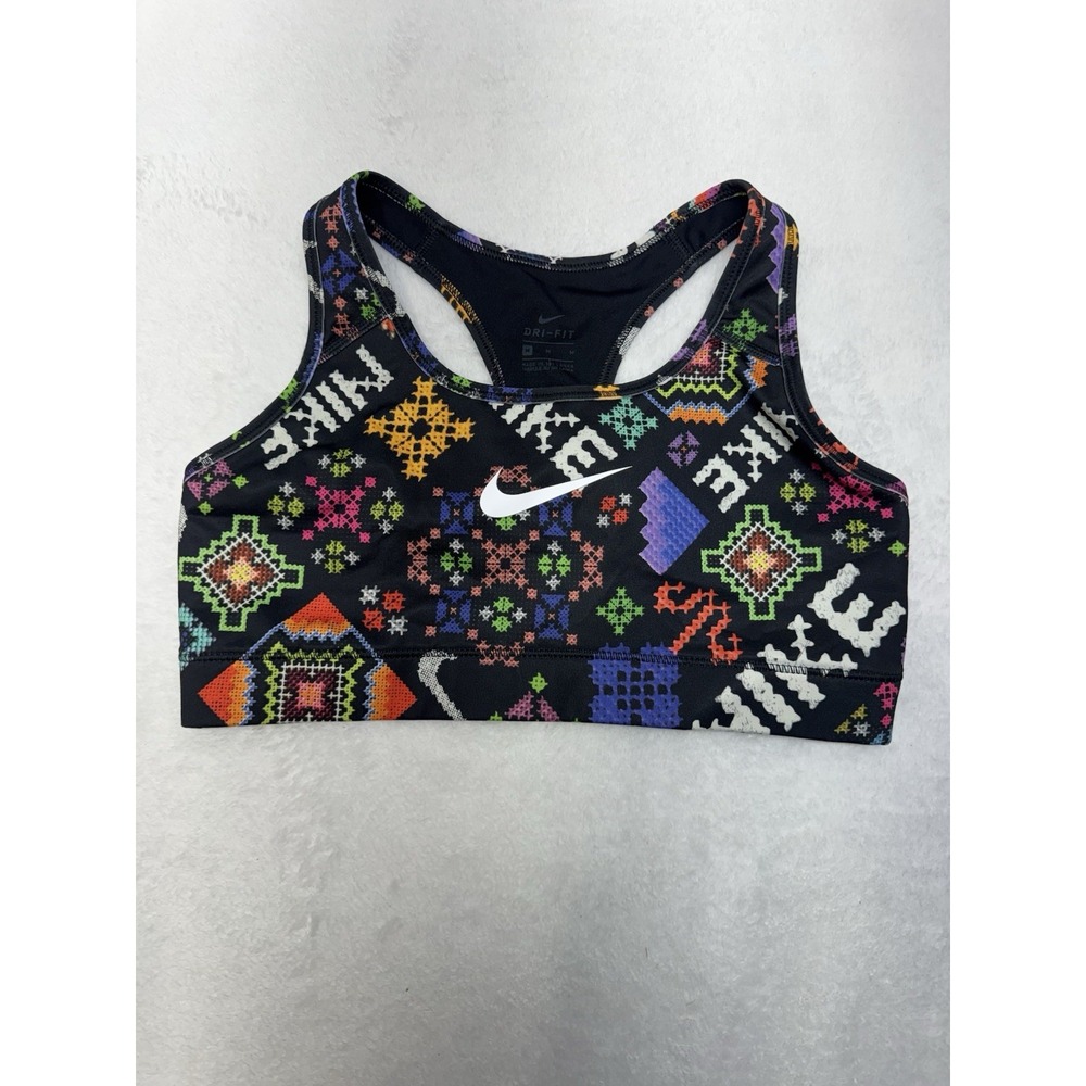 Nike Womens Dri-FIT Sports Bra Medium Multi-Color Geometric Tribal Print Black